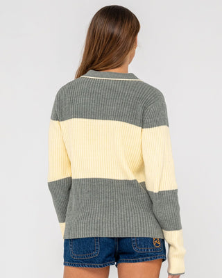 Woman wearing Try Me Knitted Rugby Top in Yellow / Grey