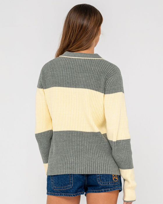 woman-wearing-try-me-knitted-rugby-top-in-yellow-grey
