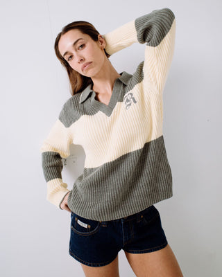 Woman wearing Try Me Knitted Rugby Top in Yellow / Grey