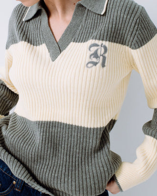 Woman wearing Try Me Knitted Rugby Top in Yellow / Grey