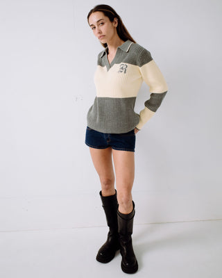 Woman wearing Try Me Knitted Rugby Top in Yellow / Grey