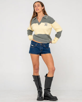 Woman wearing Try Me Knitted Rugby Top in Yellow / Grey