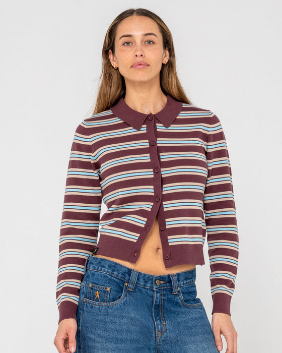 woman-wearing-extra-credit-button-up-cardigan-in-burgandy-stripe