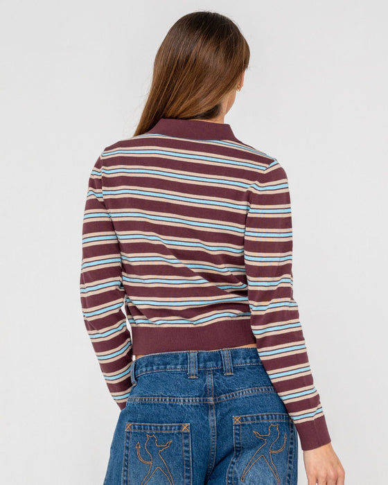 woman-wearing-extra-credit-button-up-cardigan-in-burgandy-stripe