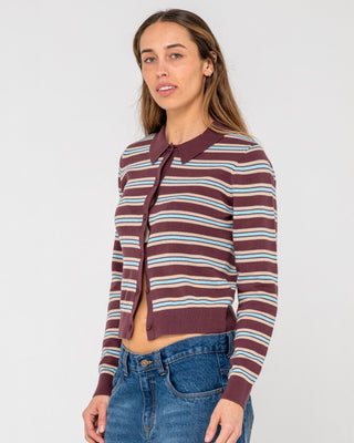 Woman wearing Extra Credit Button Up Cardigan in Burgandy Stripe