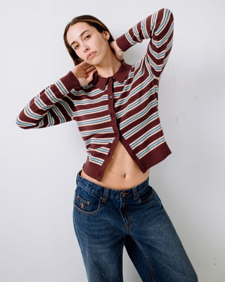 Woman wearing Extra Credit Button Up Cardigan in Burgandy Stripe