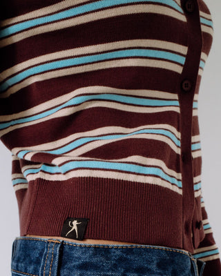 Woman wearing Extra Credit Button Up Cardigan in Burgandy Stripe