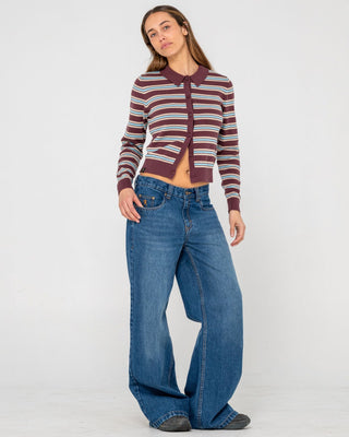 Woman wearing Extra Credit Button Up Cardigan in Burgandy Stripe