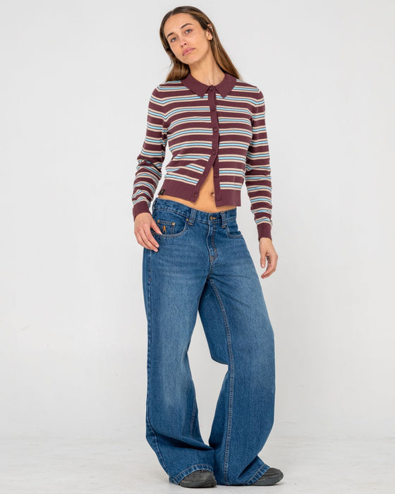 woman-wearing-extra-credit-button-up-cardigan-in-burgandy-stripe