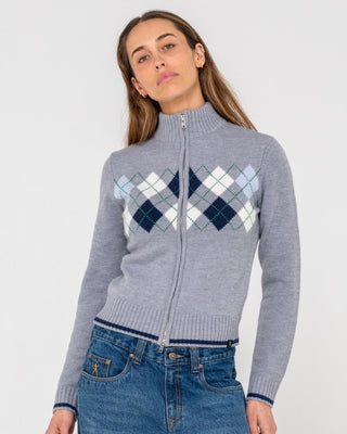 Woman wearing Clued In Zip Through Knit in Grey Marle