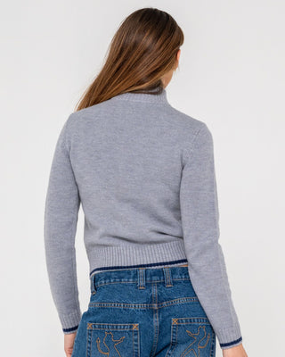 Woman wearing Clued In Zip Through Knit in Grey Marle