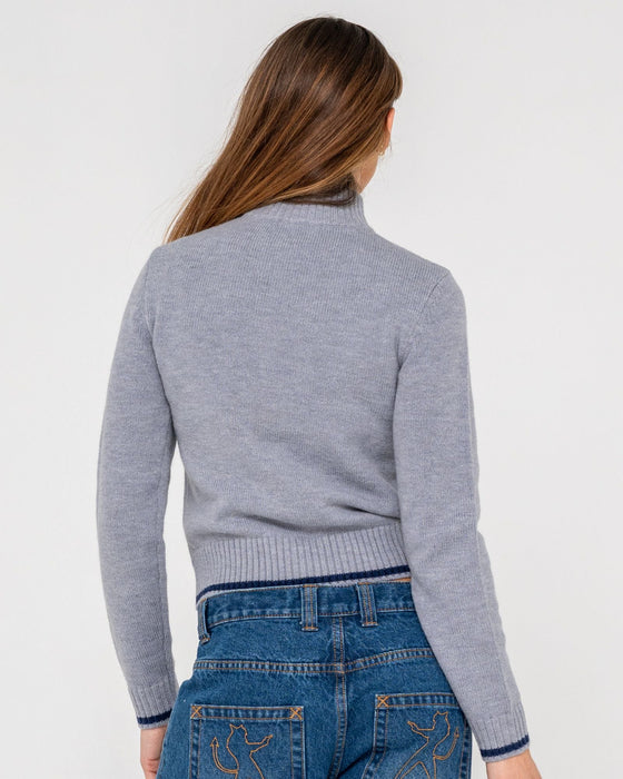 woman-wearing-clued-in-zip-through-knit-in-grey-marle