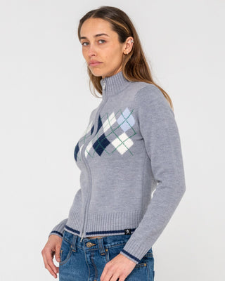 Woman wearing Clued In Zip Through Knit in Grey Marle