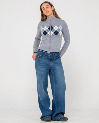 Woman wearing Clued In Zip Through Knit in Grey Marle