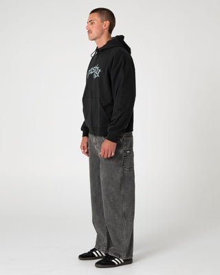 Man wearing Boneyard Cacoon Jean in Washed Black