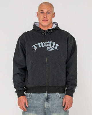 Man wearing Monty Zip Thru Hooded Fleece in Carbon