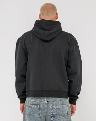 Man wearing Monty Zip Thru Hooded Fleece in Carbon