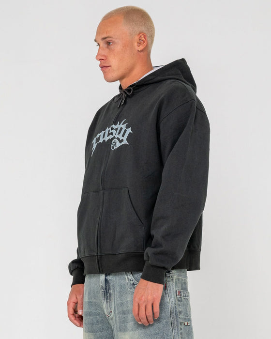 man-wearing-monty-zip-thru-hooded-fleece-in-carbon