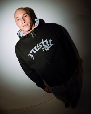 Man wearing Monty Zip Thru Hooded Fleece in Carbon