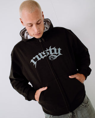 Man wearing Monty Zip Thru Hooded Fleece in Carbon