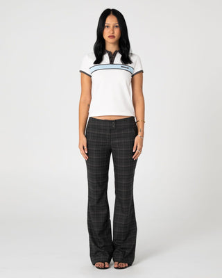 Woman wearing Plaid Mummy Low Rise Suit Pant in Carbon Plaid