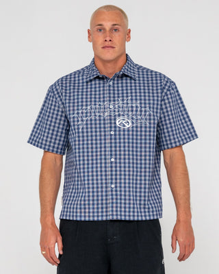 Man wearing Plaid 182 Short Sleeve Shirt in Dark Blue