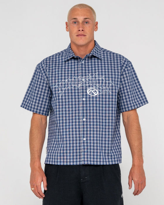 man-wearing-plaid-182-short-sleeve-shirt-in-dark-blue