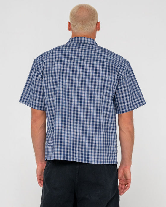 man-wearing-plaid-182-short-sleeve-shirt-in-dark-blue