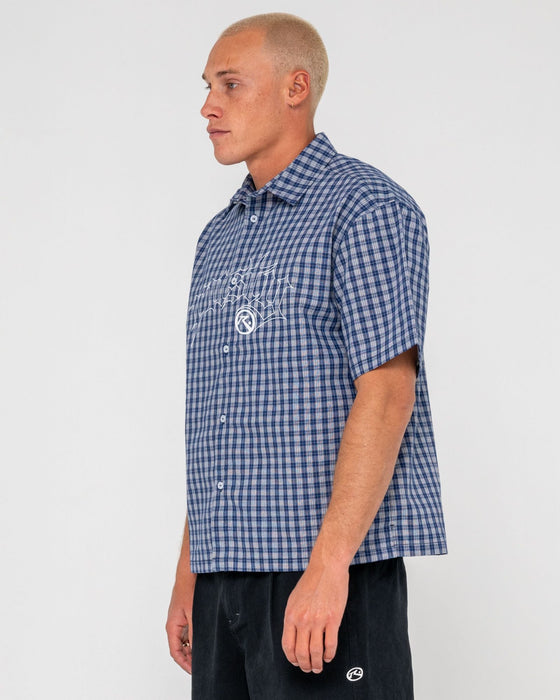 man-wearing-plaid-182-short-sleeve-shirt-in-dark-blue