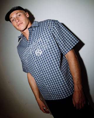 Man wearing Plaid 182 Short Sleeve Shirt in Dark Blue