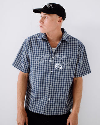 Man wearing Plaid 182 Short Sleeve Shirt in Dark Blue