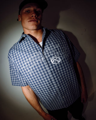 Man wearing Plaid 182 Short Sleeve Shirt in Dark Blue