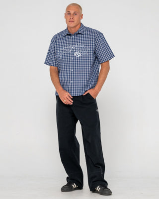 Man wearing Plaid 182 Short Sleeve Shirt in Dark Blue