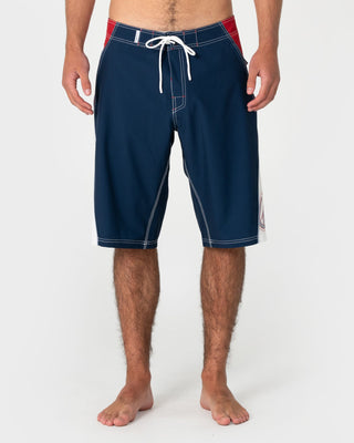 Man wearing Sandglass Fixed Waist Boardshort in Navy Blue