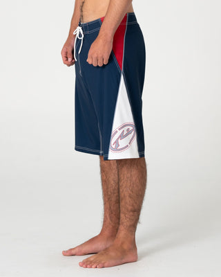 Man wearing Sandglass Fixed Waist Boardshort in Navy Blue
