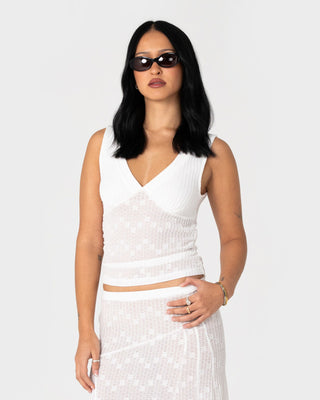 Woman wearing Roma Low V Lace Top in White