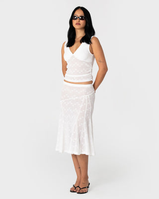 Woman wearing Roma Low V Lace Top in White