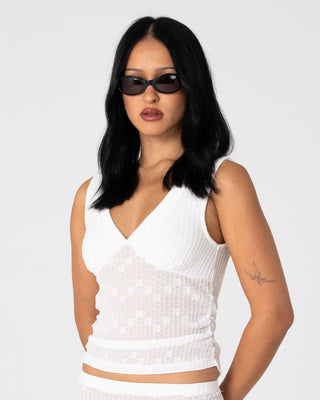 Woman wearing Roma Low V Lace Top in White