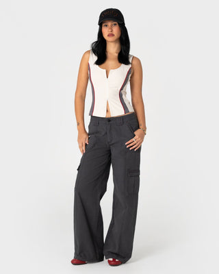 Woman wearing Rusty Cargo Low Rise Wide Pant in Washed Black
