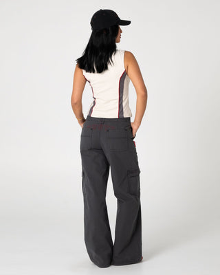 Woman wearing Rusty Cargo Low Rise Wide Pant in Washed Black