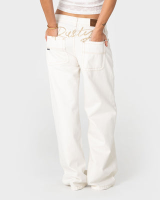 Woman wearing Snowy Lucy Loose Low Rise Jean in Snowy White