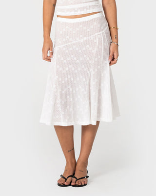 Woman wearing Roma Low Rise Lace Midi Skirt in White