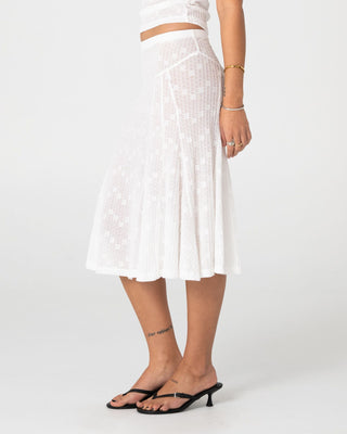 Woman wearing Roma Low Rise Lace Midi Skirt in White