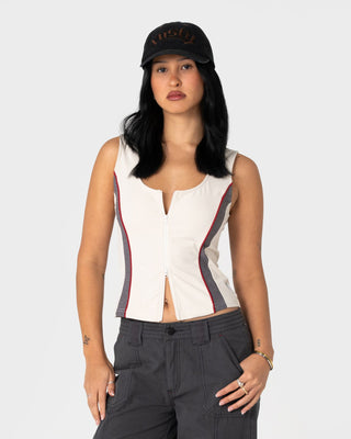 Woman wearing Contrast Zip Tank in Oatmeal