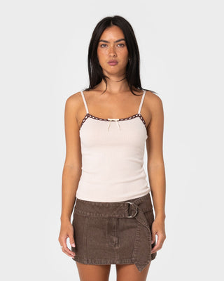 Woman wearing Sammy Cami Top in Mushroom / Burgundy