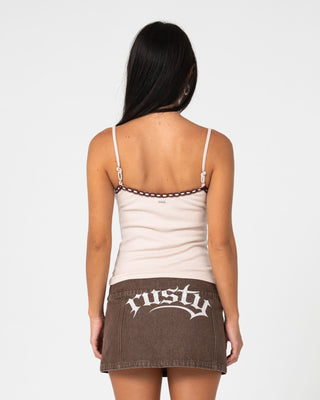 Woman wearing Sammy Cami Top in Mushroom / Burgundy