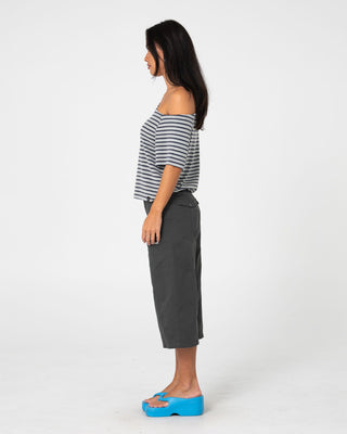 Woman wearing Sally Slouch Stripe Off Shoulder Top in Grey / Egret Stripe