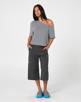 Woman wearing Sally Slouch Stripe Off Shoulder Top in Grey / Egret Stripe