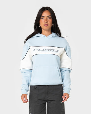 Woman wearing Kinetic Oversized Hooded Fleece in Retro Blue / Egret
