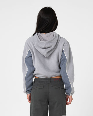 Woman wearing Mini Two Tides Zip Through Polar Fleece in Grey / Atlantic Blue
